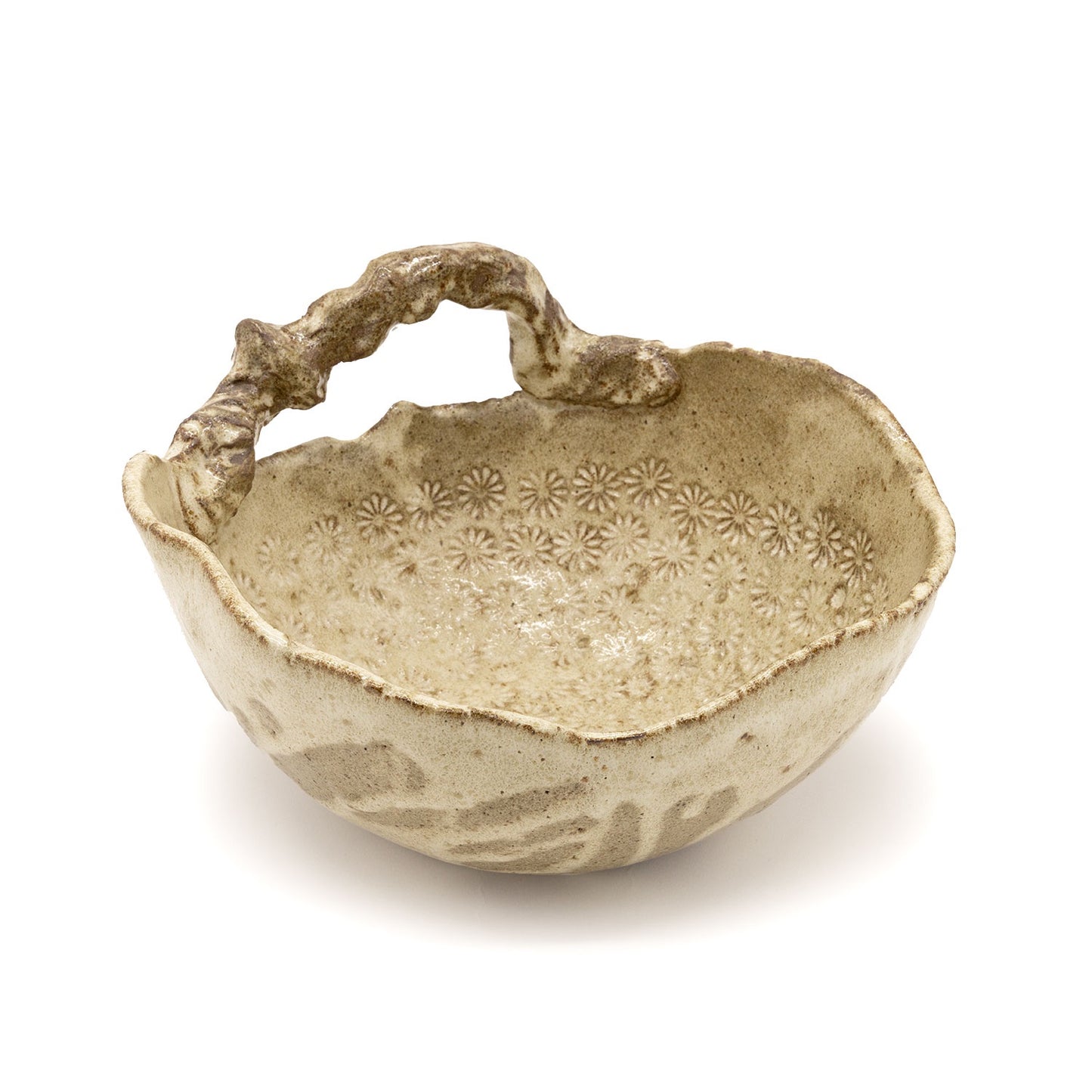 Oatmeal Flower Stamped Big Bowl with Handle by Mari Nakamura