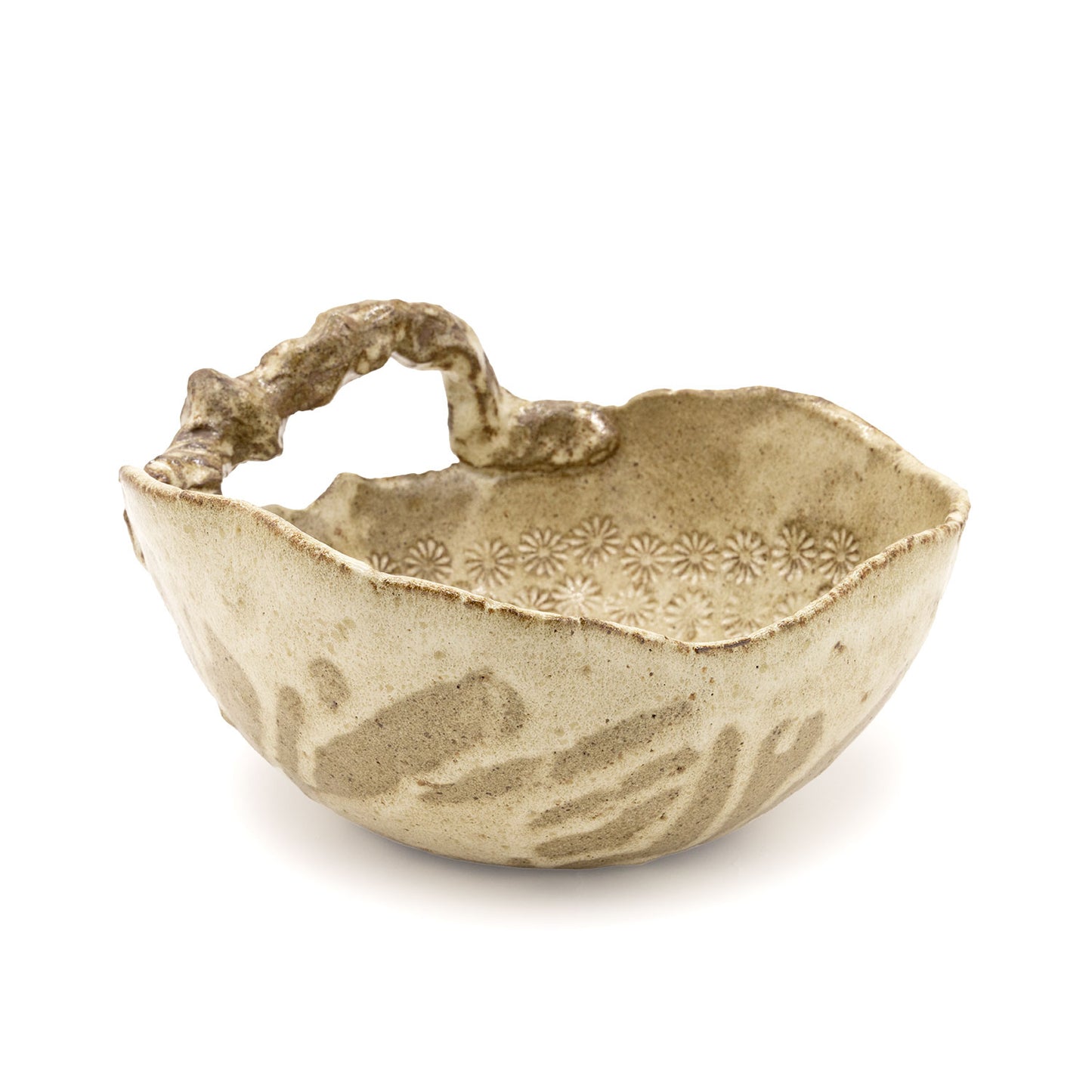 Oatmeal Flower Stamped Big Bowl with Handle by Mari Nakamura