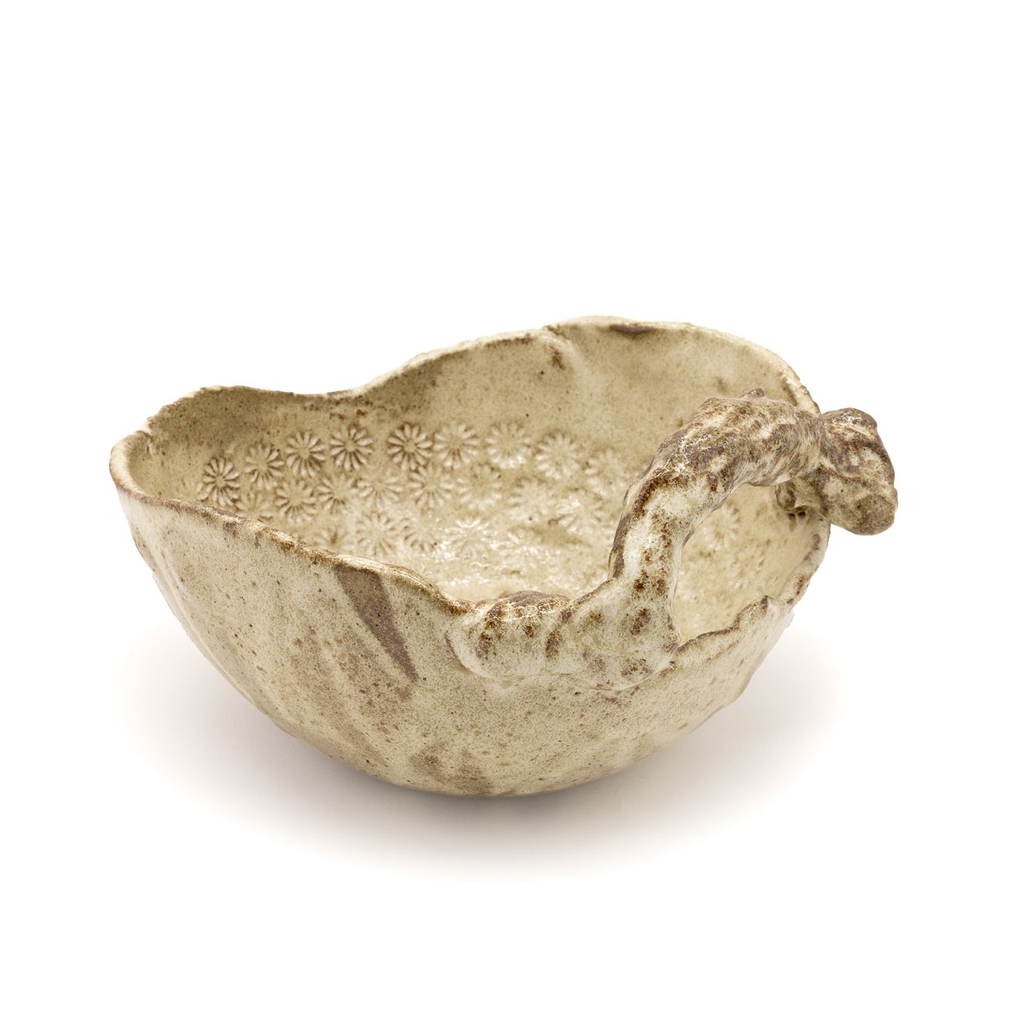 Oatmeal Flower Stamped Big Bowl with Handle by Mari Nakamura